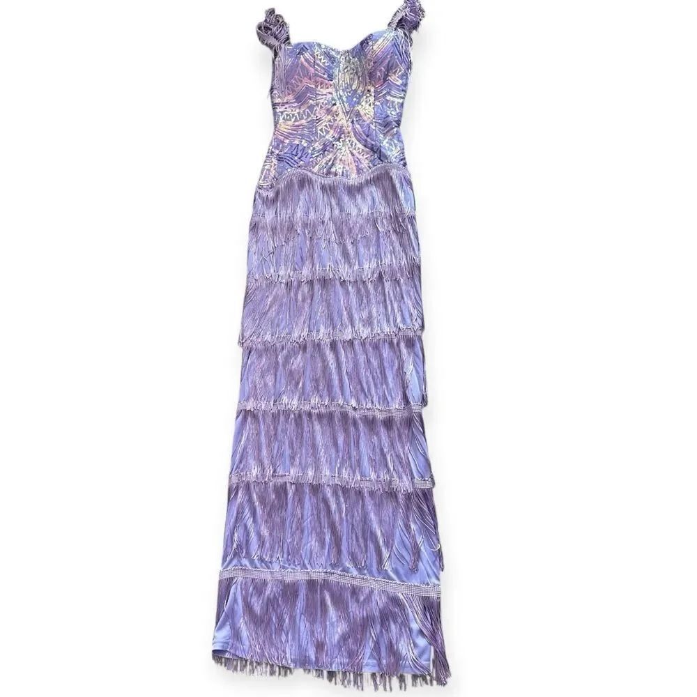 Elegant Gatsby Purple Fringe Metallic Formal Tassel Layer Midi Sequence Dress